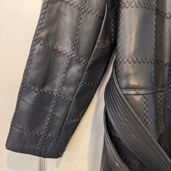 New Bagatelle Faux buttery soft patch black Leather belted Long Trench Coat Sz M - Picture 10 of 16